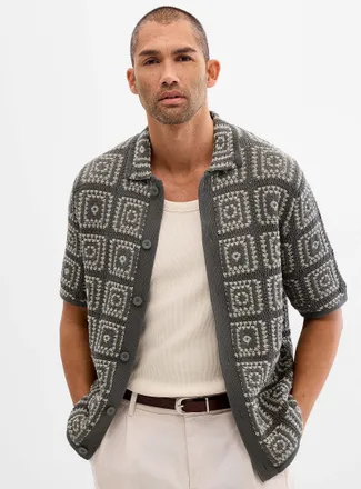 Only & Sons Mens Mosaic crochet polo-collar Cardigan Sweater