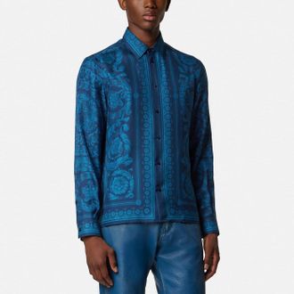 Versace Camicia slim in twill di seta stampata blu
