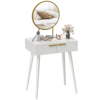 HOMCOM Modern Dressing Table w/ 2 Drawers Round Mirror for Bedroom White | TJ Hughes