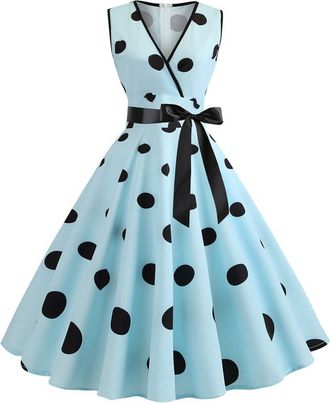 Generic 1950s Dresses for Women Novelty Print V Neck Vintage Dress Sleeveless Large Skirt Dress High Waist Flowy Dress with Belt Retro Rockabilly Swing Dress 