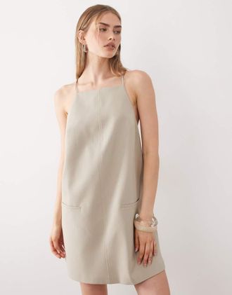 Asos Vestito corto sartoriale color pietra con schiena scoperta-Neutro