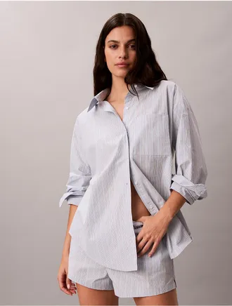 Calvin Klein Womens Cotton Poplin Relaxed Button-Down Sleep Shirt - Blue - XL