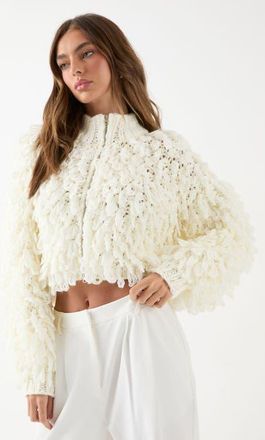 Misspap Zip Up Fringe Loop Cardigan in Neutral at Nordstrom, Size Medium