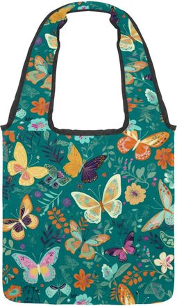 Generic Dancing Butterfly Reversible Canvas Shoulder Tote - Double-Sided Print, 12oz Cotton, 27cm Drop, Fold-Flat Bag for Travel, Shopping, Street Outings