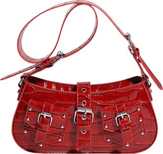 Generic Cymwer Women PU Leather Rivet Sling Bag Belt Buckle Underarm Bag Date Handbag (Red)