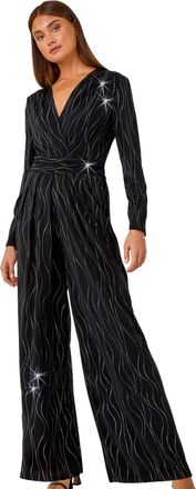 Roman Womens Embellished Wide Leg Stretch Jumpsuit - Black - Size 20 UK