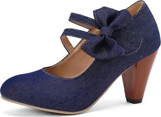 Generic Women Denim Double Strap Pumps Round Toe Pointed Heel Bow Decor Cutout Ankle Strap Non Slip Durable Comfortable Dress Party Shoes,Dark Blue,10.5 UK