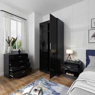 Elegant Lighting Elegant - Bedroom Furniture 3 Pcs Set High Gloss 2 Doors Wardrobe and 4 Drawer Chest and Bedside Cabinet, Black