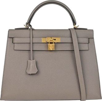 Herm&egrave;s Kelly Grey Epsom With Gold Hardware Gray Leather Handbag (Pre-Owned)
