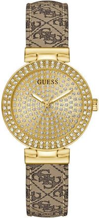 Guess Goldtone & Crystal Logo Leather Strap Watch, 32mm in Beige at Nordstrom