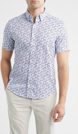 Johnston & Murphy Logan Dot Print Short Sleeve Cotton Blend Button-Up Shirt in Blue /Red Ocean Icons at Nordstrom, Size Xxx-Large