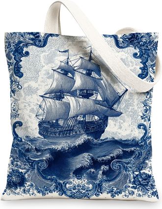 Generic Nautical Canvas Tote Bags, Vintage Ship Design Reusable Shopping Bags, Classic Maritime Style Lightweight Washable Canvas B, Blue, 13x15 Inch