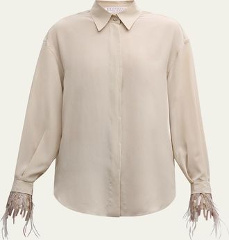 Brunello Cucinelli Chandelier Feather-Cuff Crepe De Chine Blouse