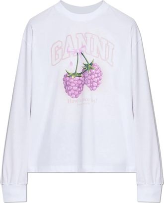 Ganni T-shirt met lange mouwen en frambozen - Dames - Longsleeves - Wit - XS - Katoen - Tops