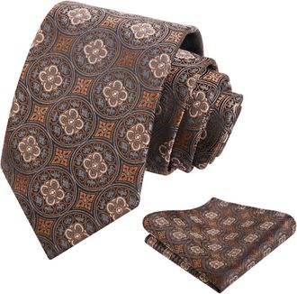 Alizeal Mens Mixed Pattern Necktie and Pocket Square Business Geometric Regular Patterns Tie and Hanky Set, Brown+Gray