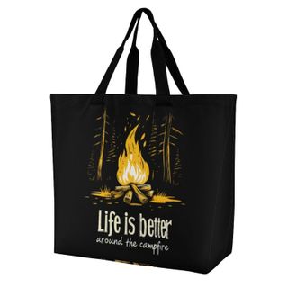 Generic Life Is Better Around The Campfire Large Reusable Shopping Bag Lightweight Foldable Tote Bags Washable Shoulder Handbag