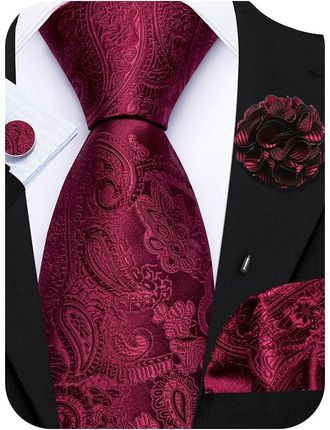 Barry.Wang Burgundy Paisley Tie and Lapel Pin Set Silk Necktie Pocket Square Cufflinks Formal Wedding Party