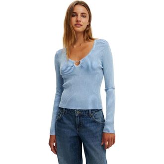 Cotton On Womens Two Tone Rib Keyhole Knit in Seaside Blue at Nordstrom, Size Xx-Small