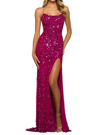 Sherri Hill Sequin Embellished Gown In Bright Fuschia