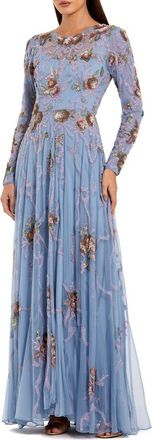 Mac Duggal Long Sleeve Embellished Floral A-Line Evening Gown in Slate Blue at Nordstrom, Size 12