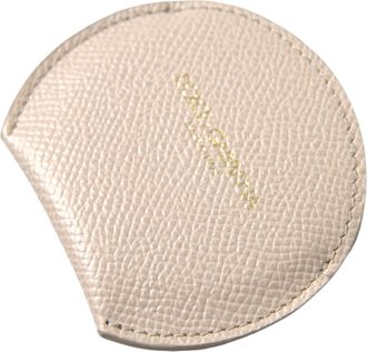 Dolce & Gabbana Womens Beige Calfskin Leather Round Logo Hand Mirror Holder Accessory
