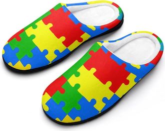 Generic Colorful PuzzlePieces Autism Mens House Slippers Memory Foam Washable Cotton Slip on Home Shoes