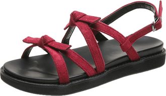 Generic Women Flat Sandals Double Bowknots Strap Sandal Fashion Walking Sandals Solid Color Leather Sandal Comfortable Soft Sole Shoes Wide Casual Shoes Sling