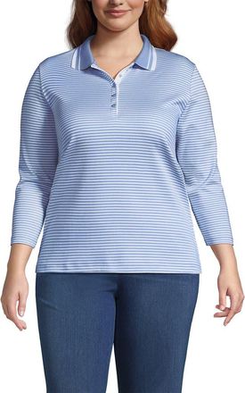 Lands End 3/4 Sleeve Supima Cotton Polo Shirt in Light Sea Blue Stripe/white at Nordstrom, Size 1X
