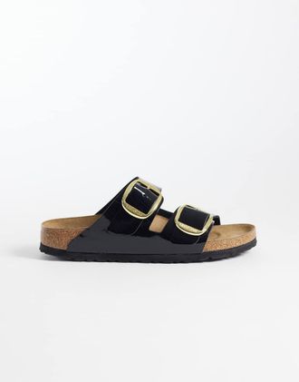 Birkenstock Arizona - Sandali a pianta stretta con fibbia grande nero verniciato e oro