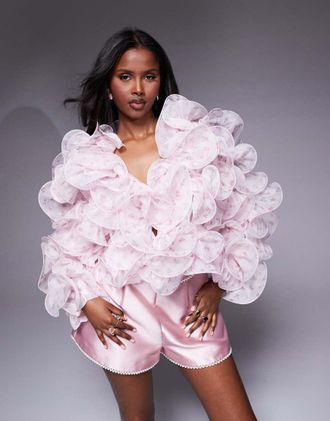 Asos Giacca in organza a fiorellini con volant strutturati-Rosa