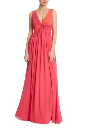 Badgley Mischka Two-Tone Twisted Gown In Watermelon Multi
