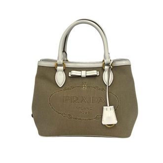 Prada Brown White Canvas Leather Boston Bag Handbag Tote Bag (Pre-Owned)