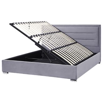 Beliani Cama Con Almacenaje De Terciopelo Gris Oscuro 180 X 200 Cm Cabecero Acolchado Rouen