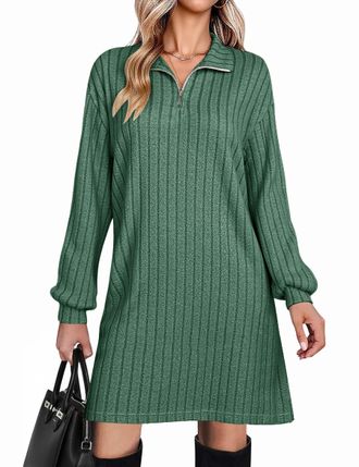 Fengbay Jumper Dress for Women UK Ladies Casual Long Sleeve Ribbed Knitted Lightweight Sweater Dresses for Autumn Winter Green