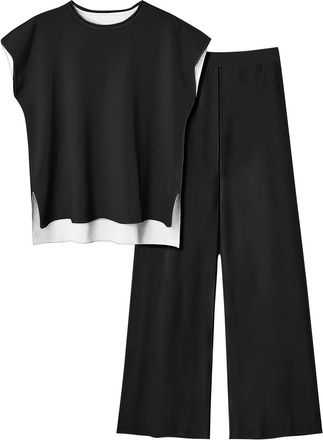 Generic Winter Sweatpants Set Women Womens Two Printed Casual Wear Summer Hat Sleeve Side Slit Top and Wide Leg Pants Casual Sportswear Set Womens Hoodie Tops