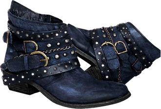 Generic Women Vintage Western Cowboy Boots Goth Vintage Rivet Metal Buckle Motorcycle Leather Booties Chunky Low Heel Cowgirl Ankle Booties Back Zipper Riding