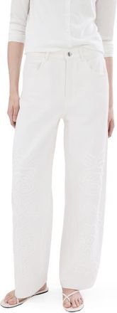 Mango Floral Embroidered Wide Leg Jeans in Off White at Nordstrom, Size 10