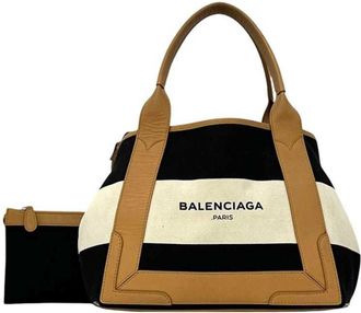 Balenciaga Beige Black Canvas Leather Handbag Tote Bag (Pre-Owned)