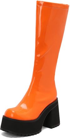 Generic Womens Patent Leather Casual Long Boots Block High Heel Knee High Boots Round Toe Platform Boot with Side Zipper,Orange,4.5 UK