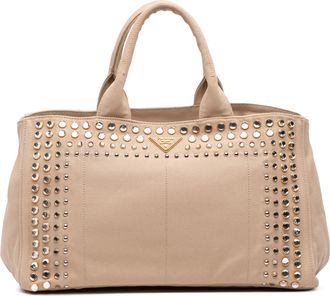 Prada Pre-owned Womens Studded Canvas Tote Bag - Tan Textile - One Size