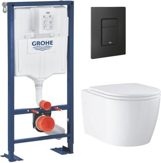 GROHE Conjunto De Estructura Independiente Grohe Solido + Inodoro Suspendido Start Round Sin Borde Con Asiento + Placa De Descarga Negro Mate