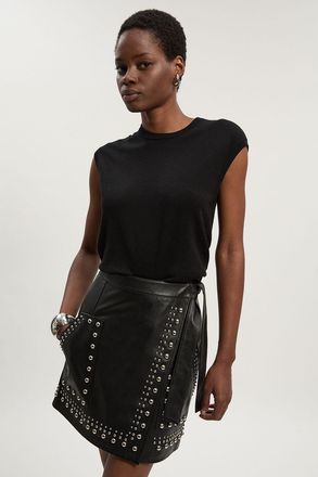 Karen Millen Womens Studded Leather Wrap Mini Skirt - Black - Size 14 UK