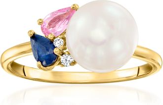 Ross-Simons 8-8.5mm Cultured Pearl and. Multicolored Sapphires With Diamonds in 18kt Gold Over Sterling