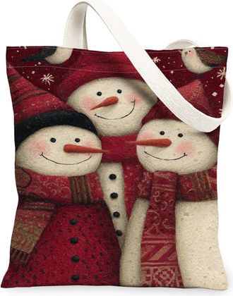 Generic Snow Man Holiday Canvas Tote Bags, Winter Decorative Pattern Reusable Shopping Bags, Cozy Rustic Lightweight Washable Shoul, Red, 13x15 Inch