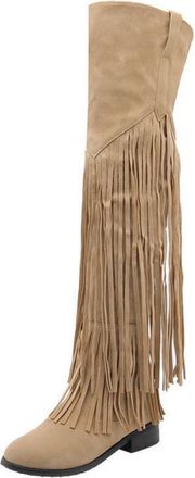 Generic Womens Faux Suede Fringe Over The Knee Cowboy Boots - Western Style Tassel Thigh High for Casual Wear,Apricot,11 UK