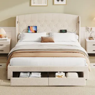 Merax Double Upholstered Bed with Drawers, Wingback & Charging Station in Beige