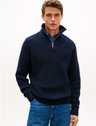 Tommy Hilfiger Mens Fisherman Knit Quarter-Zip Sweater - Navy - M