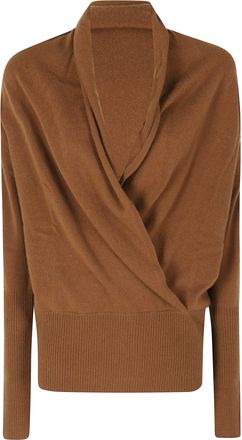 7 For All Mankind Brown Wrap V-Neck Wool-Cashmere Sweater