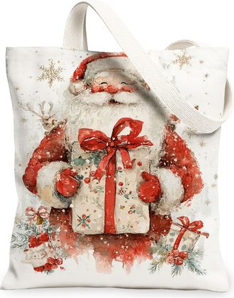 Generic Vintage Santa Canvas Tote Bags, Festive Holiday Pattern Reusable Grocery Bags, Lightweight Washable Shoulder Strap Canvas for Shopping Picnic 13x15 In