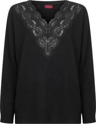 Gucci floral lace v-neck sweater - Black